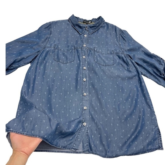 CLAIRE France blue lyocell denim 3/4 sleeves shirt size 18 US anchor pattern - Picture 12 of 12